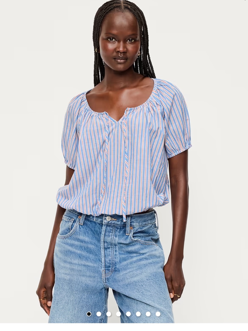 Striped Light Blue Puff-Sleeve Top - Women